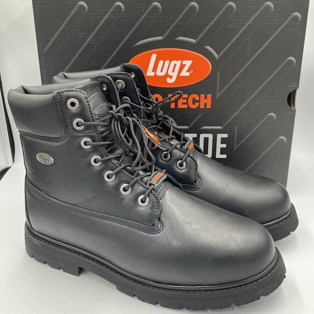 Lugz Pro-Tech Steel Toe Black Work Boots‎ Slip Resistant Men's Size 12 WIDE New